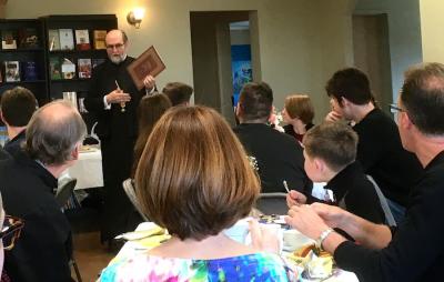 Fr. Chad shares the St. Vladimir's Annual Report with the faithful of St. Patrick Orthodox Church in Bealton, VA