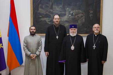 (from left) Bishop Gevork Saroyan, episcopal overseer of theological schools in Armenia., Fr. John Behr, dean of St. Vladimir’s Seminary, His Holiness Karekin II, and Fr. Mardios Chevian, dean of St. Nersess Seminary, at Etchmiadzin, the Mother See of the