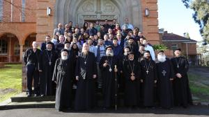 Fr. John Behr with his class of 72 students at St. Athanasius College (front row, second from left) (photo: St. Athanasius College)