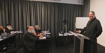 Father John Behr, teaching a course at St. Athanasius College-University of Divinity, in 2016