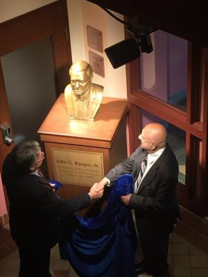 President Gormley and John G. Rangos, Sr., unveiling the bust in his honor