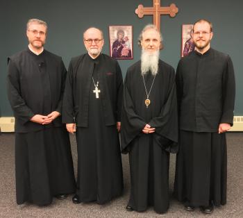Missionaries Nathan Hoppe, Fr. Chad Hatfield, Metropolitan Ambrosios, and Dn. Christopher Moore during Missions Weekend 2017 (photo: Dn. Ryan Tellalian)