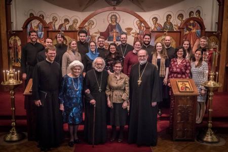 (front, from left) Harrison Russin, Mat. Genevieve Glagolev, Fr. Sergei Glagolev, Robin Freeman, Fr. Chad Hatfield, with the St. Vladimir’s Seminary Chorale, after Great Vespers