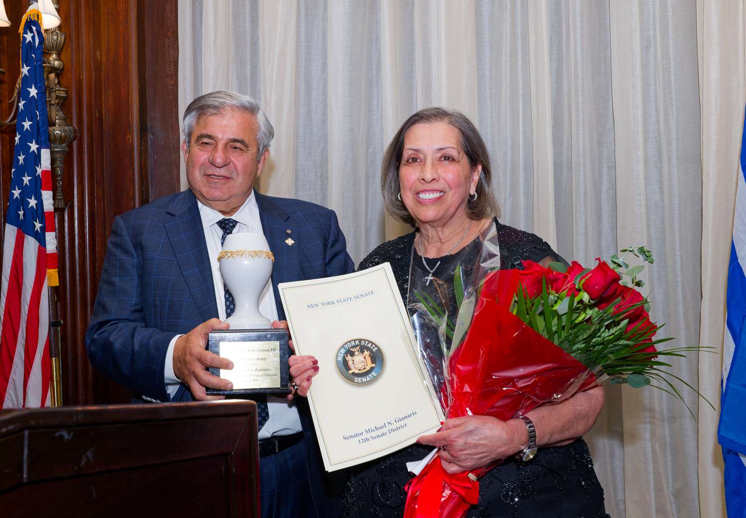 The GAEPIS Cosmos FM Dinner at The Union League in NYC Honored Angela and Stelios Zervoudis on Wednesday June 3rd, 2026. H.E. Archbishop Elpidophoros Congratulated both and praised the work of Cosmos FM.